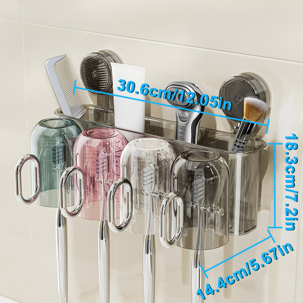 Wall-Mounted Toothpaste Dispenser with Toothbrush Holder & Mouthwash Cup - Space-Saving Bathroom Organizer, Durable Plastic Construction, Adhesive\u002FScrew-Mountable (No Screws Included) for Small Bathrooms, Apartments, Hotels