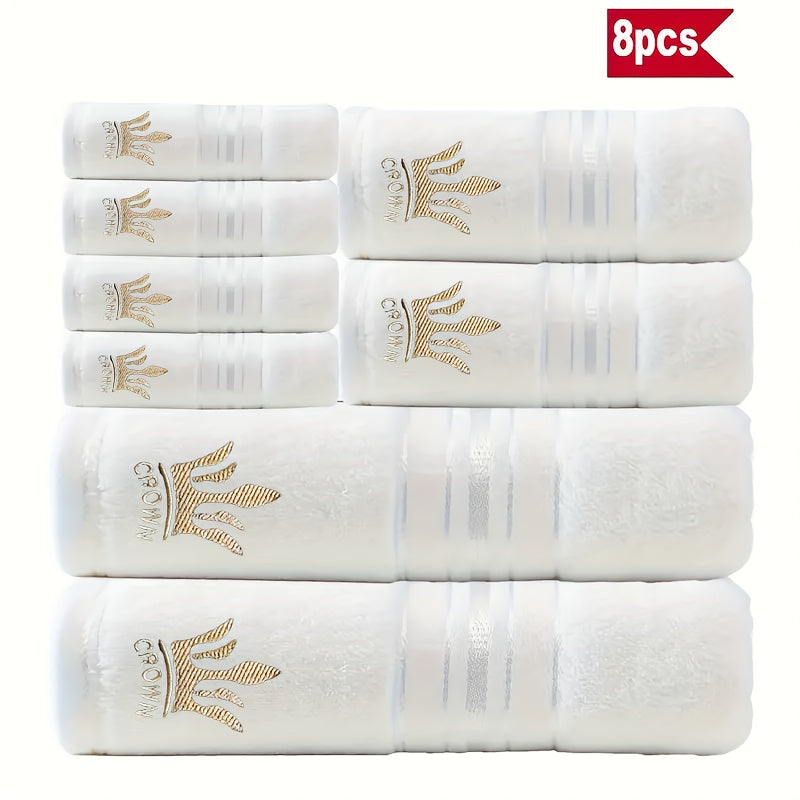 8pcs Luxury Hotel High-Quality Cotton Bath Towel Set, Including 2 Bath Towels, 2 Bath Towels, 4 Washcloth, Soft Skin-friendly Absorbent, Very Suitable For Bathrooms, Hotels, SPA-390GSM Cotton, Crown Embroidery, Wash Cloths