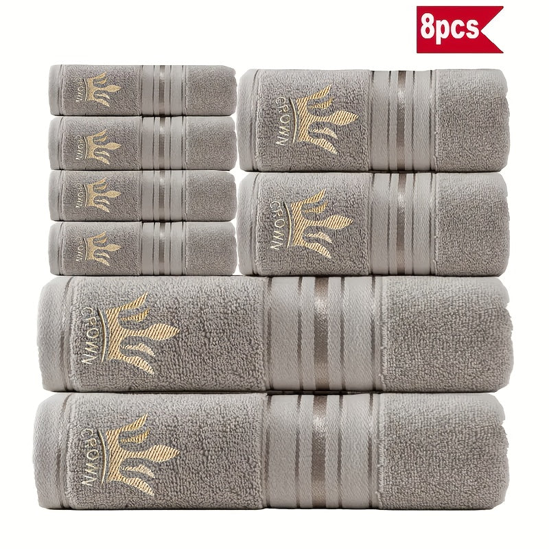 8pcs Luxury Hotel High-Quality Cotton Bath Towel Set, Including 2 Bath Towels, 2 Bath Towels, 4 Washcloth, Soft Skin-friendly Absorbent, Very Suitable For Bathrooms, Hotels, SPA-390GSM Cotton, Crown Embroidery, Wash Cloths
