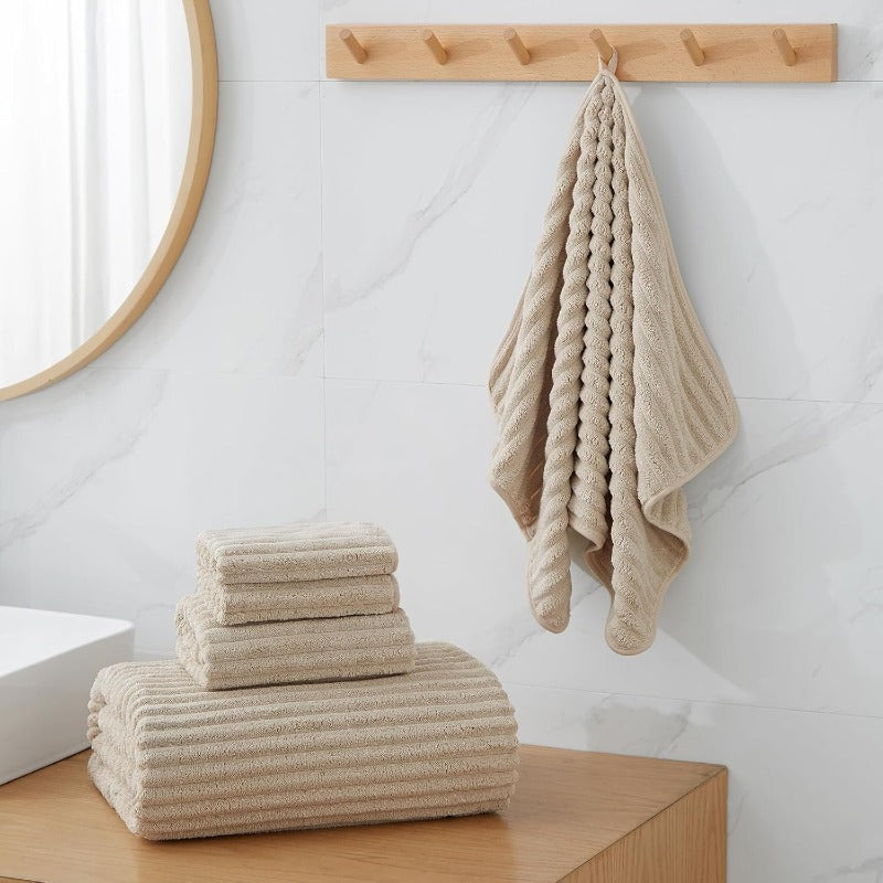 6pcs Ultra Soft Microfiber Towel Set | 2 Large Sheets, 2 Hand Towels, 2 Washcloths, Highly Absorbent, Quick Dry, Beige, Vintage Style