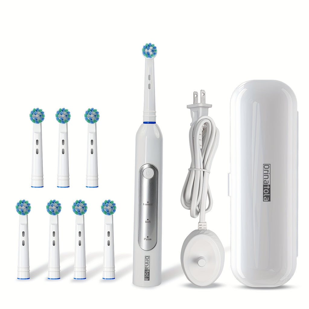 Orinatola Electric Toothbrush with Rotating Function, Featuring 8 Interchangeable Brush Heads, a Wireless Charging Base, 3 Cleaning Settings, IPX7 Rating, Ideal for Dental Hygiene, Making It a Perfect Present for Family, Friends, And Parents