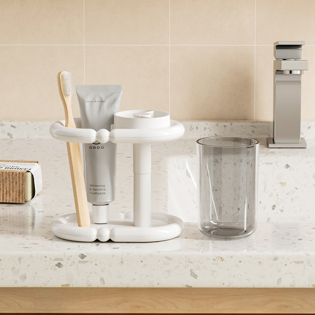 1pc Modern Freestanding Black & White Heavy-Duty Plastic Toothbrush Holder with Cup & Bathroom Storage Shelf - Space-Saving Floor\u002FCountertop Cabinet, Clear Top Shelf & Lower Rack for Toothpaste, Mouthwash - Compact for Small Bathrooms,