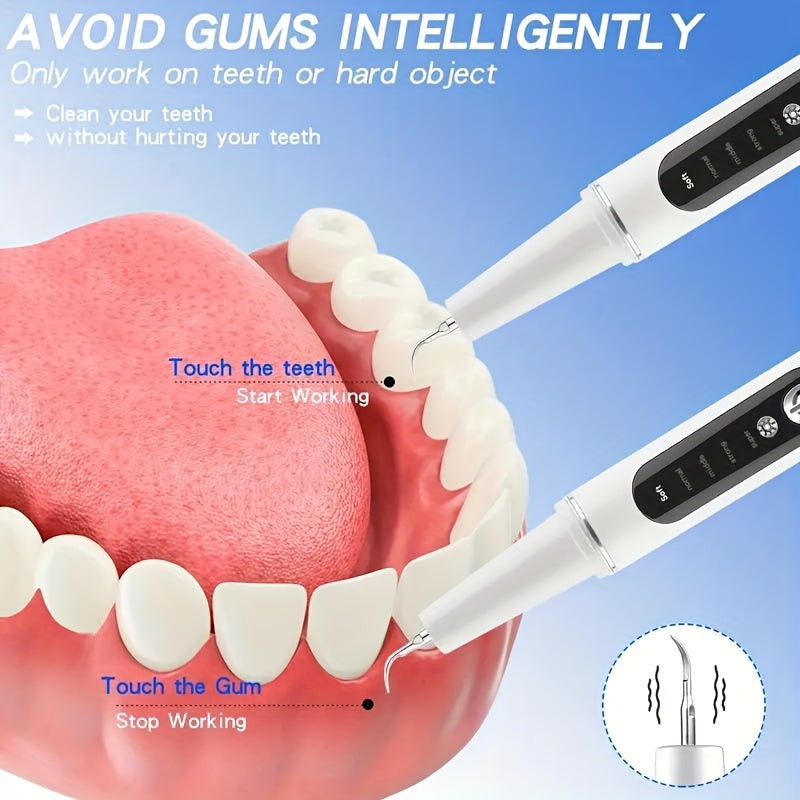 Teeth Cleaning Device with LED Light Featuring 5 Adjustable Settings, Tartar Removal Tool, And Electric Toothbrush Kit.