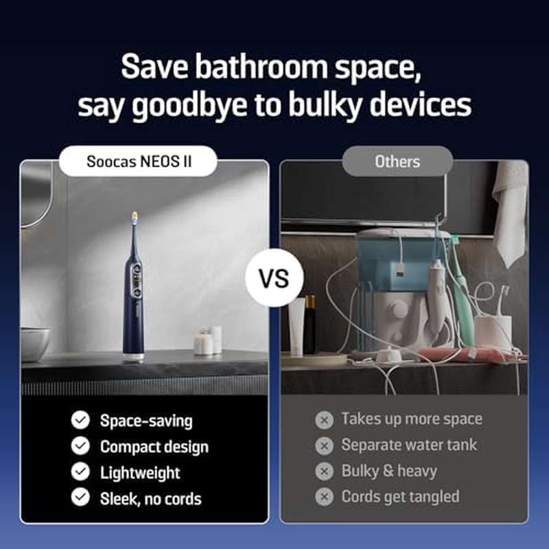 Soocas NEOS II All--One Electric Toothbrush & Water Flosser Combo - Cordless Portable Oral Irrigator with 30-Day, 100% Plaque Removal, Deep Clean\u002FQuick Floss Modes, for braces\u002Fimplants\u002F gums, Gum Care System (Travel