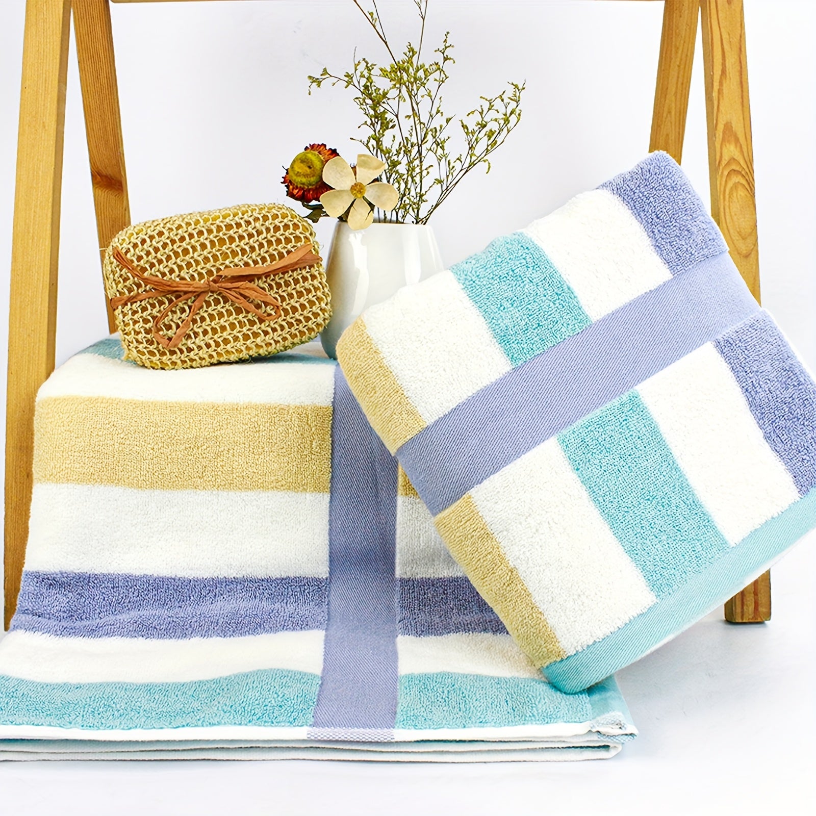 4pcs Heavy-Duty 100% Cotton Bath Towels Set - Large Luxury Spa & Hotel Towel Collection with Pastel Blue\u002FPink\u002FGreen\u002FYellow Stripes (70x35\