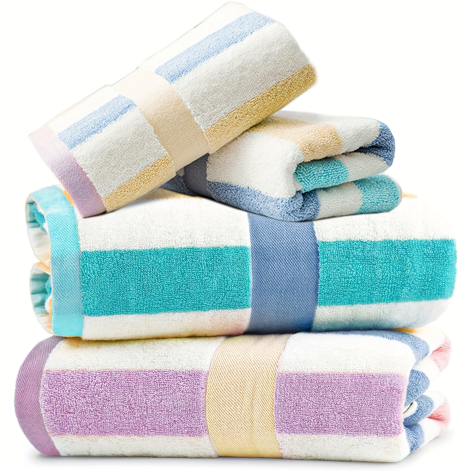 4pcs Heavy-Duty 100% Cotton Bath Towels Set - Large Luxury Spa & Hotel Towel Collection with Pastel Blue\u002FPink\u002FGreen\u002FYellow Stripes (70x35\