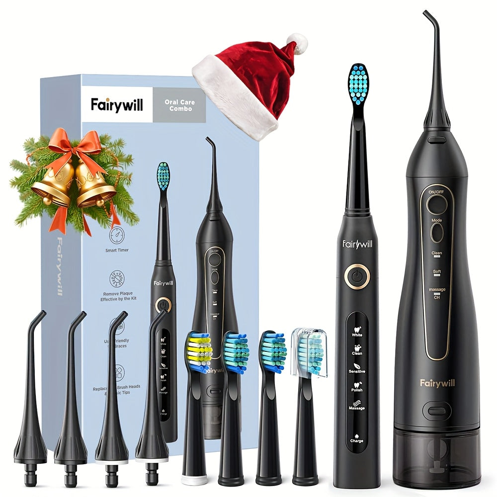 Fairywill Portable Oral Irrigator+Electric Toothbrush USB Rechargeable Water Flosser Irrigator Teeth Cleaner 3 Modes Ideal Gift for Friends And Family
