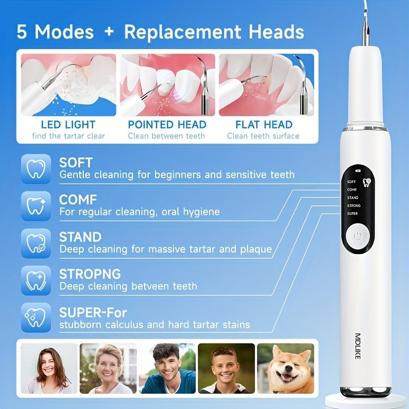 Teeth Cleaning Device with LED Light Featuring 5 Adjustable Settings, Tartar Removal Tool, And Electric Toothbrush Kit.