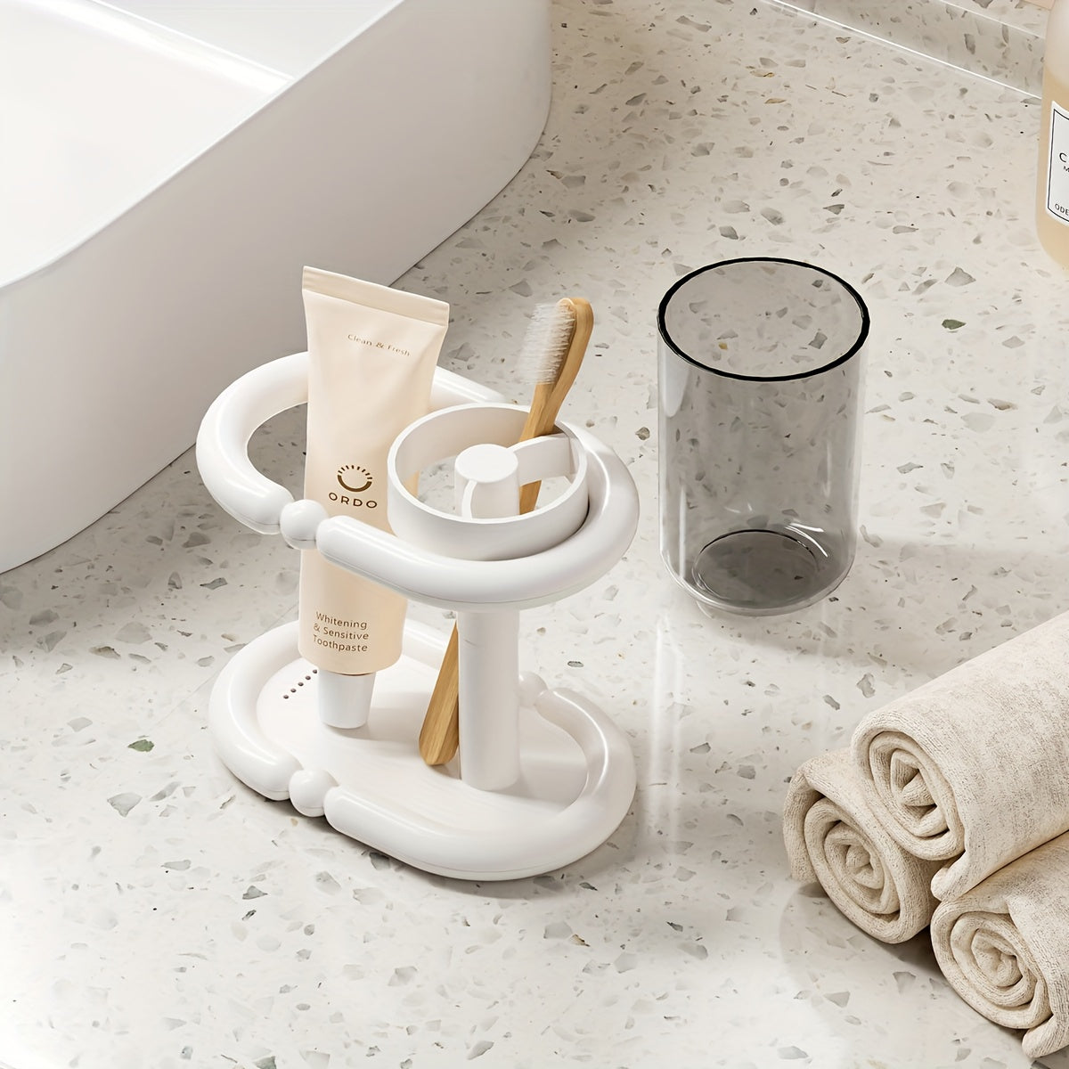 1pc Modern Freestanding Black & White Heavy-Duty Plastic Toothbrush Holder with Cup & Bathroom Storage Shelf - Space-Saving Floor\u002FCountertop Cabinet, Clear Top Shelf & Lower Rack for Toothpaste, Mouthwash - Compact for Small Bathrooms,