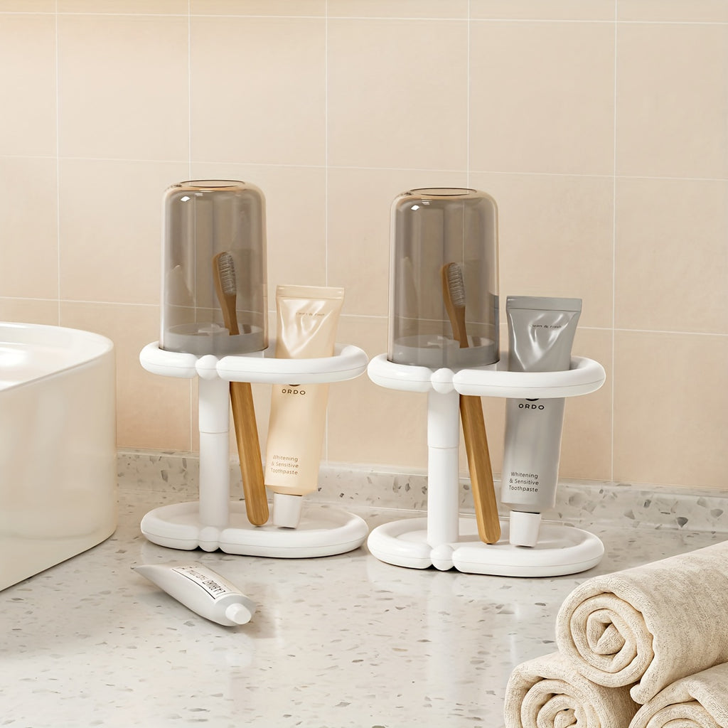 1pc Modern Freestanding Black & White Heavy-Duty Plastic Toothbrush Holder with Cup & Bathroom Storage Shelf - Space-Saving Floor\u002FCountertop Cabinet, Clear Top Shelf & Lower Rack for Toothpaste, Mouthwash - Compact for Small Bathrooms,