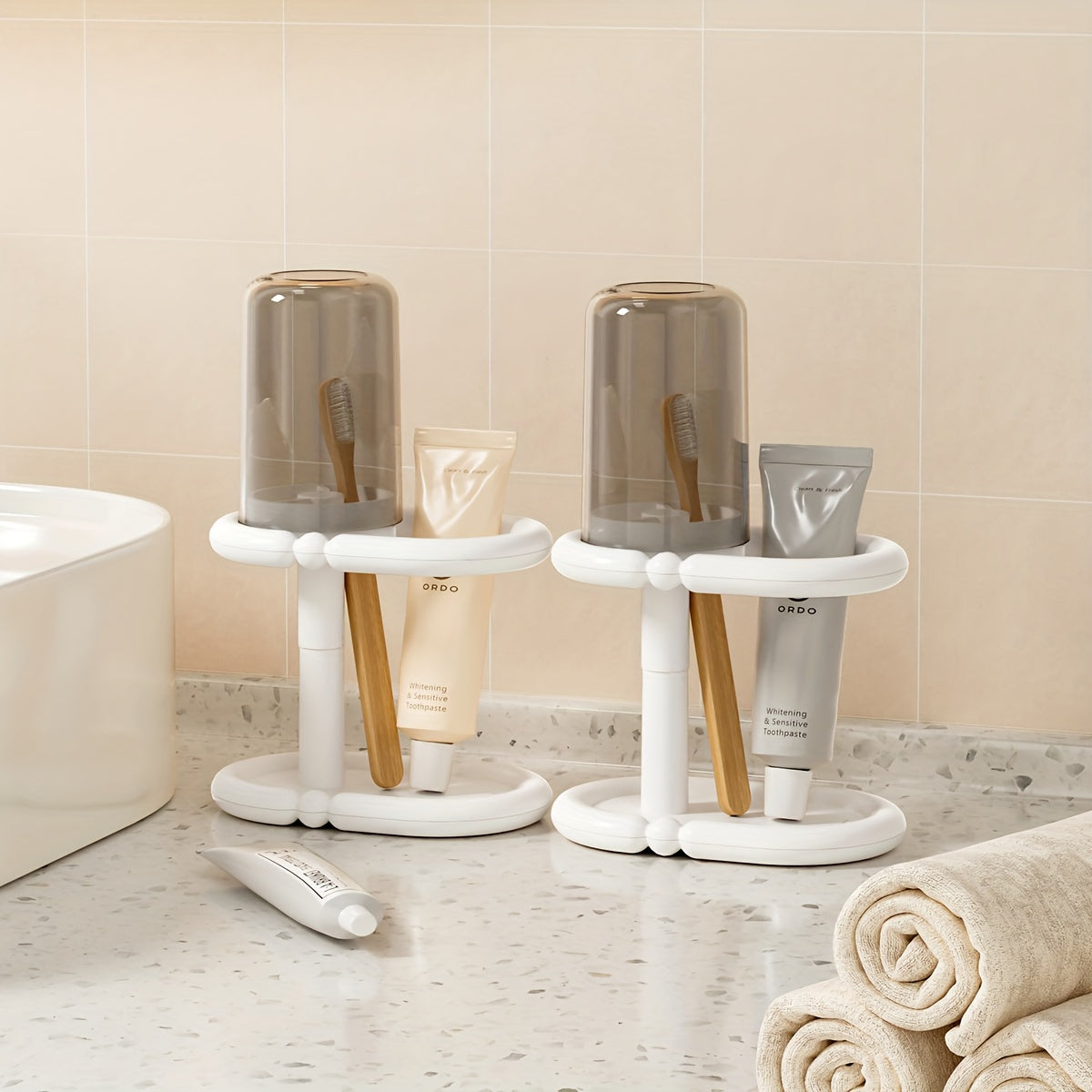 1pc Modern Freestanding Black & White Heavy-Duty Plastic Toothbrush Holder with Cup & Bathroom Storage Shelf - Space-Saving Floor\u002FCountertop Cabinet, Clear Top Shelf & Lower Rack for Toothpaste, Mouthwash - Compact for Small Bathrooms,