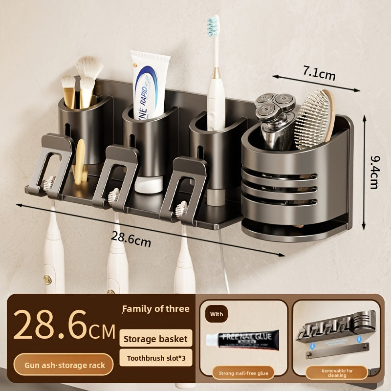 Detachable Toothbrush Holder | No-Drill Carbon Wall-Mounted Washstand with Toothpaste, Brush, and Mouthwash Cup Storage