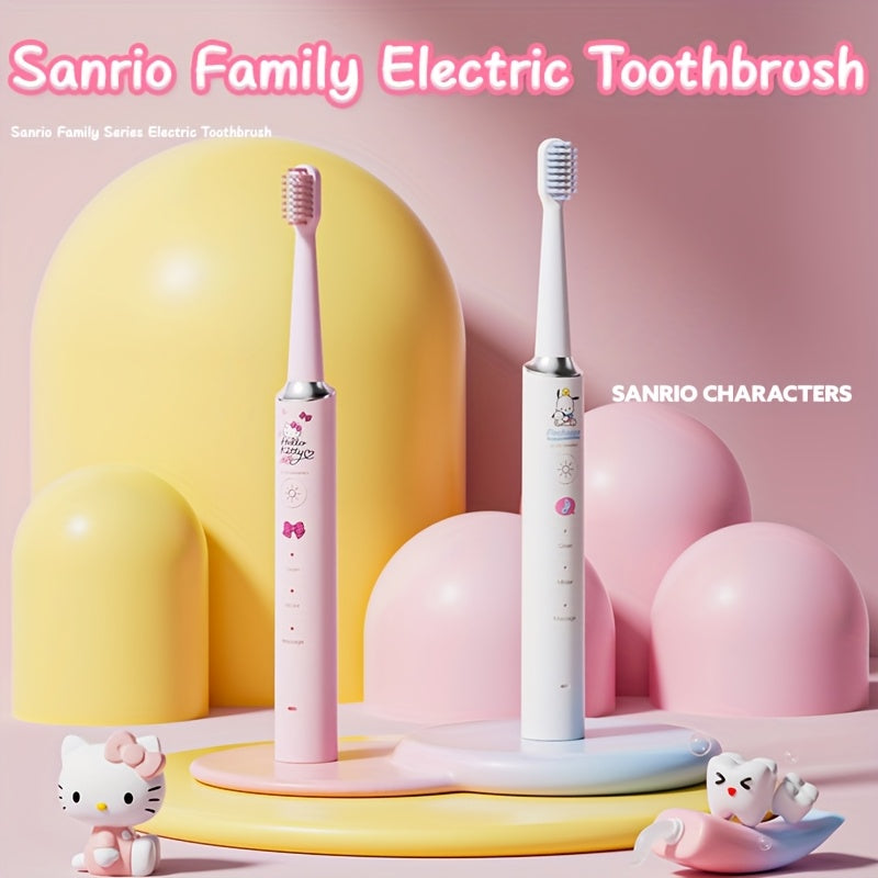 Sanrio Hellokitty Electric Toothbrush, 3 Replacement Brush Heads, 4 Cleaning Modes and 4 Intensity Levels, 2-Minute Timed Portable Packaging, Cute Design Suitable for Adult Girls' Birthday, Graduation, Christmas Gift