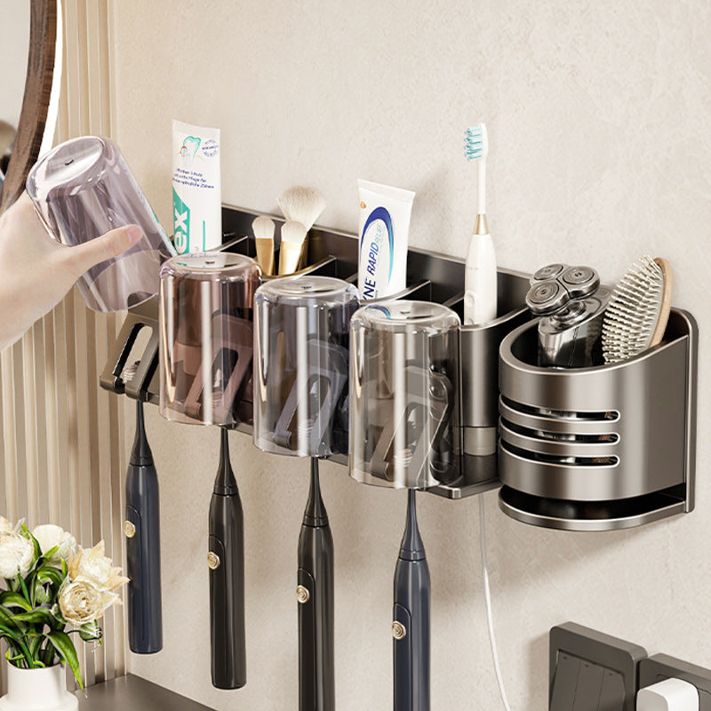 Detachable Toothbrush Holder | No-Drill Carbon Wall-Mounted Washstand with Toothpaste, Brush, and Mouthwash Cup Storage