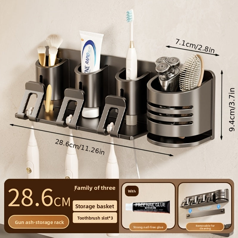 Detachable Toothbrush Holder | No-Drill Carbon Wall-Mounted Washstand with Toothpaste, Brush, and Mouthwash Cup Storage