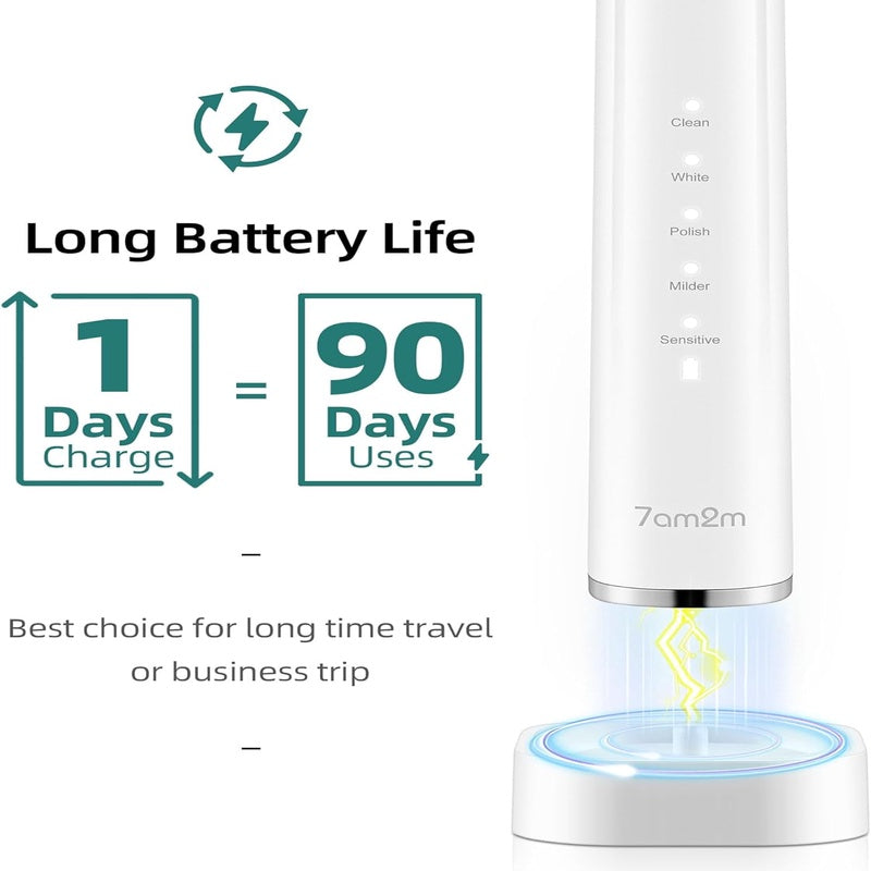 7AM2M Sonic Electric Toothbrush with 6 Brush Heads for Adults and Kids, One Charge for 90 Days, Wireless Fast Charge, 5 Modes with 2 Minutes Built in Smart Timer, Electric Toothbrushes BlackWhite
