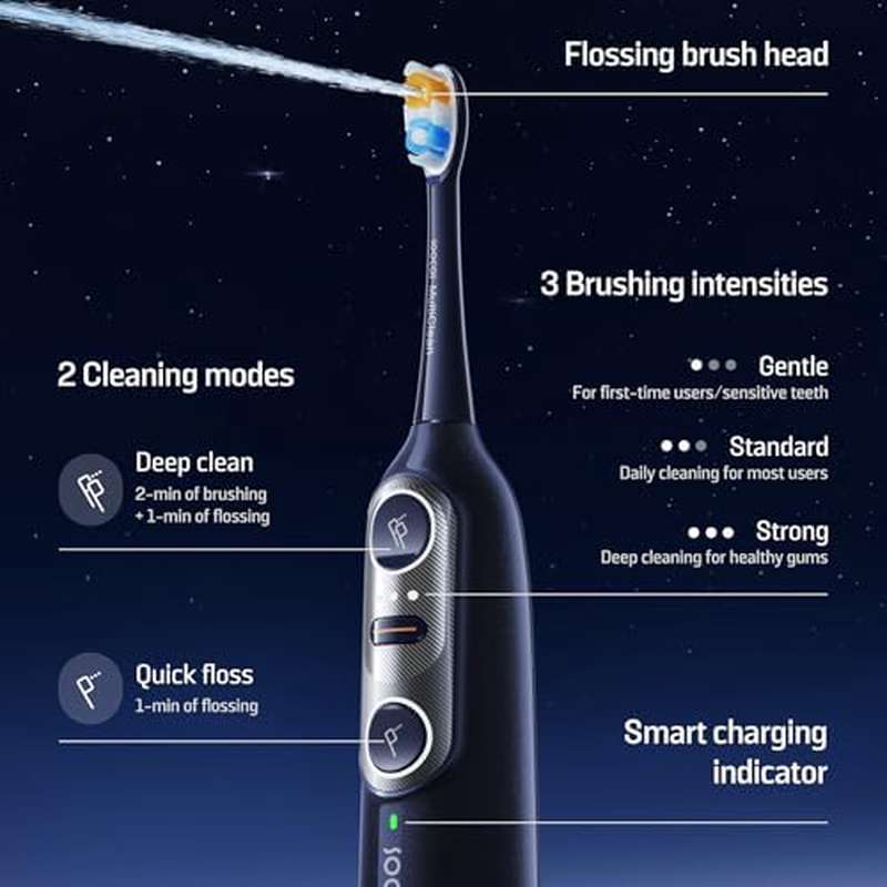 Soocas NEOS II All--One Electric Toothbrush & Water Flosser Combo - Cordless Portable Oral Irrigator with 30-Day, 100% Plaque Removal, Deep Clean\u002FQuick Floss Modes, for braces\u002Fimplants\u002F gums, Gum Care System (Travel