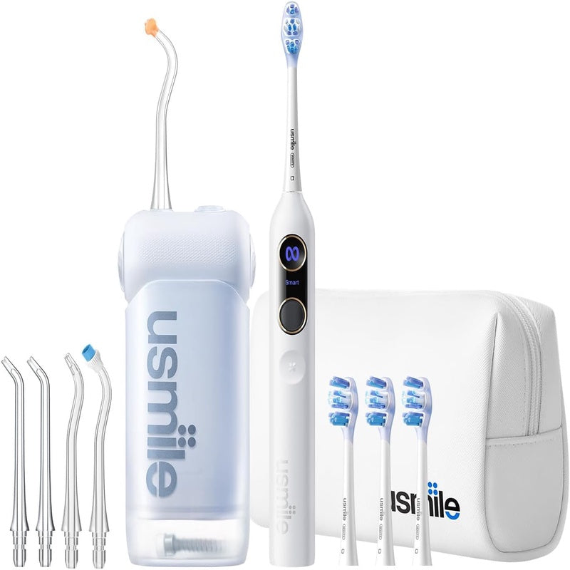 5 - in - 1 Bundle usmile C10 Portable Water Flosser Blue, Y20 PRO AI Smart Electric Toothbrush White, Standard Nozzles, Replacement Brush Heads Travel Case - Complete Oral Care Set for Home Travel