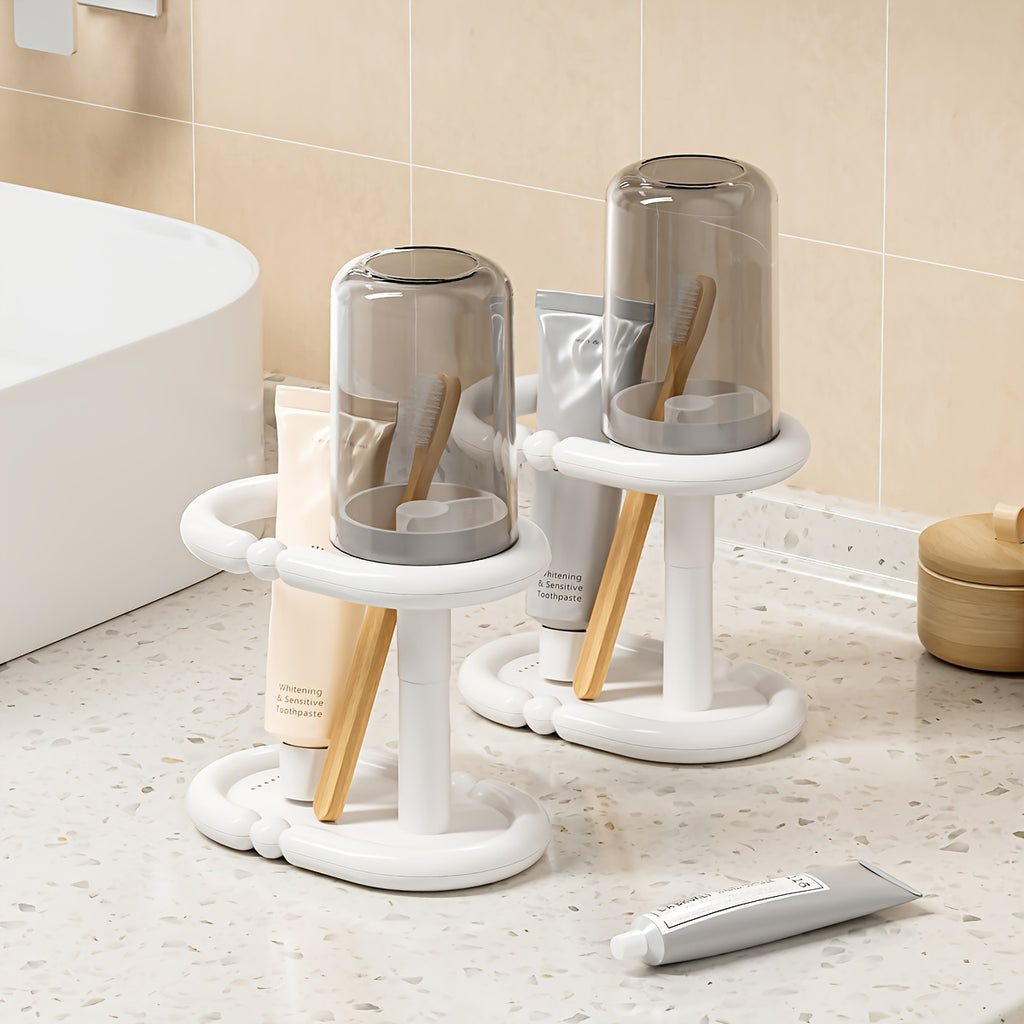 1pc Modern Freestanding Black & White Heavy-Duty Plastic Toothbrush Holder with Cup & Bathroom Storage Shelf - Space-Saving Floor\u002FCountertop Cabinet, Clear Top Shelf & Lower Rack for Toothpaste, Mouthwash - Compact for Small Bathrooms,