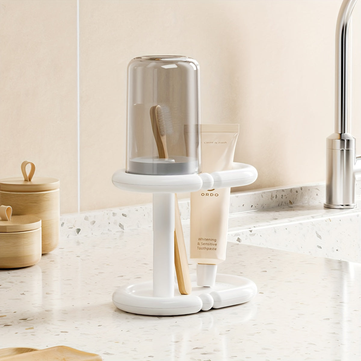 1pc Modern Freestanding Black & White Heavy-Duty Plastic Toothbrush Holder with Cup & Bathroom Storage Shelf - Space-Saving Floor\u002FCountertop Cabinet, Clear Top Shelf & Lower Rack for Toothpaste, Mouthwash - Compact for Small Bathrooms,