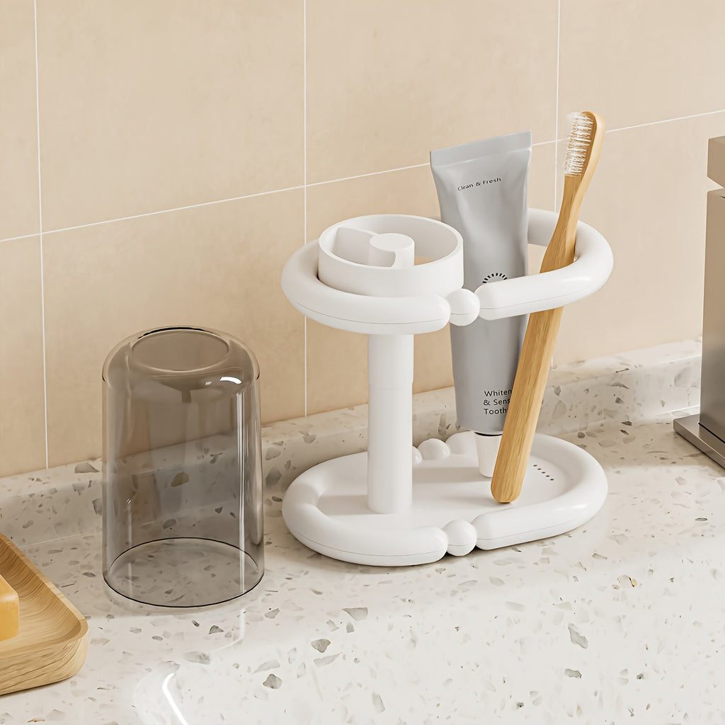 1pc Modern Freestanding Black & White Heavy-Duty Plastic Toothbrush Holder with Cup & Bathroom Storage Shelf - Space-Saving Floor\u002FCountertop Cabinet, Clear Top Shelf & Lower Rack for Toothpaste, Mouthwash - Compact for Small Bathrooms,