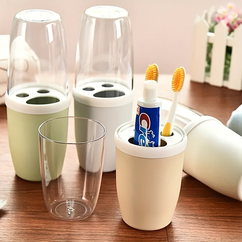 1pc Couple Creative Toothbrush And Mouthwash Cup Set with Cover - Portable Travel Toothbrush Holder, Durable Plastic Material