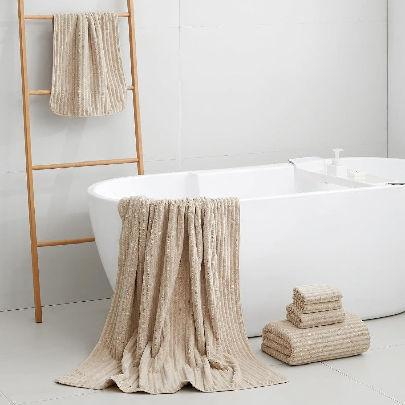 6pcs Ultra Soft Microfiber Towel Set | 2 Large Sheets, 2 Hand Towels, 2 Washcloths, Highly Absorbent, Quick Dry, Beige, Vintage Style