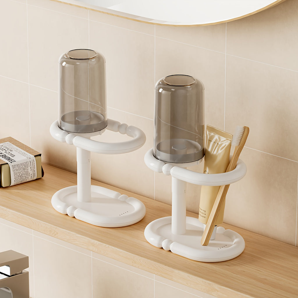 1pc Modern Freestanding Black & White Heavy-Duty Plastic Toothbrush Holder with Cup & Bathroom Storage Shelf - Space-Saving Floor\u002FCountertop Cabinet, Clear Top Shelf & Lower Rack for Toothpaste, Mouthwash - Compact for Small Bathrooms,