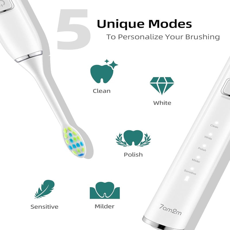 7AM2M Sonic Electric Toothbrush with 6 Brush Heads for Adults and Kids, One Charge for 90 Days, Wireless Fast Charge, 5 Modes with 2 Minutes Built in Smart Timer, Electric Toothbrushes BlackWhite