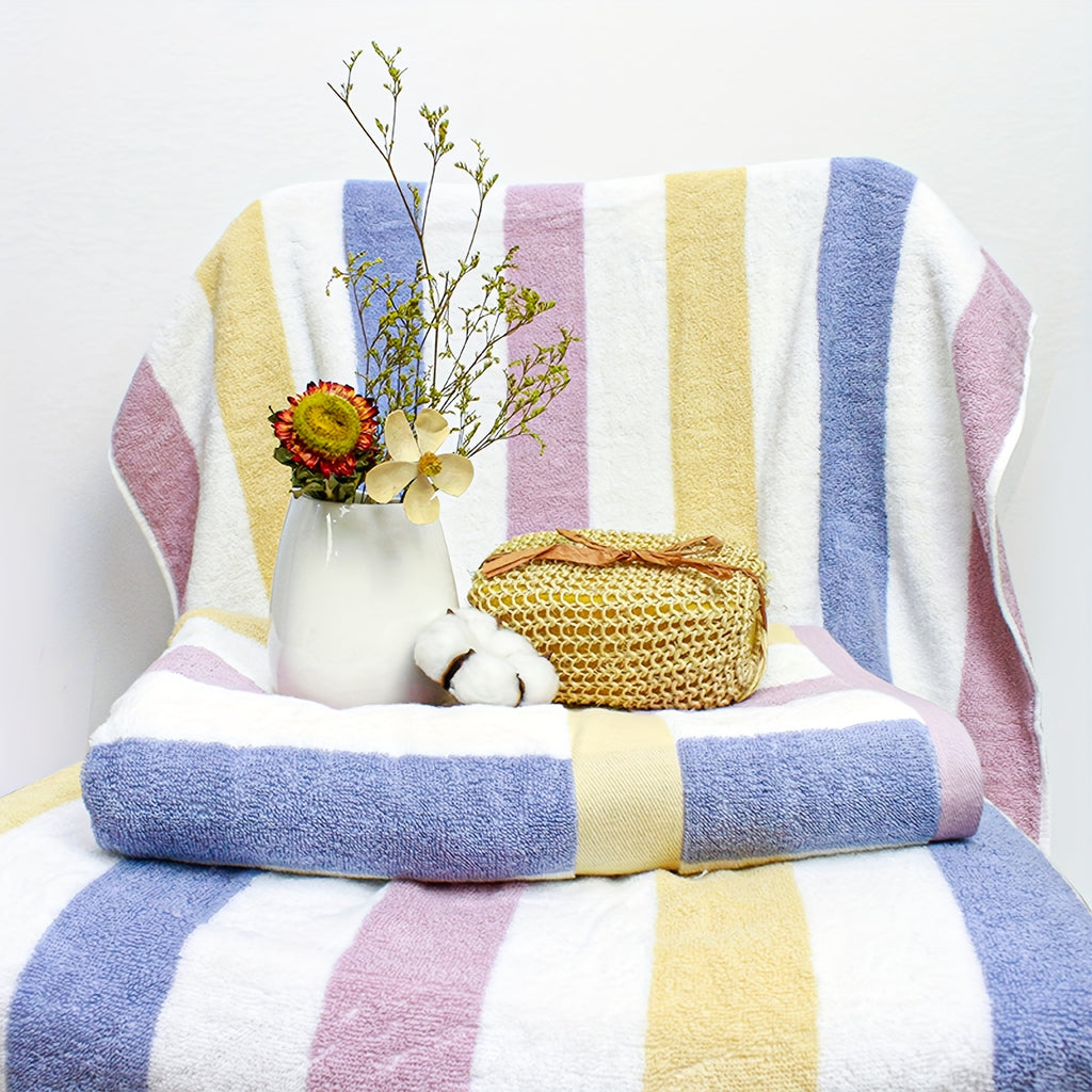 4pcs Heavy-Duty 100% Cotton Bath Towels Set - Large Luxury Spa & Hotel Towel Collection with Pastel Blue\u002FPink\u002FGreen\u002FYellow Stripes (70x35\