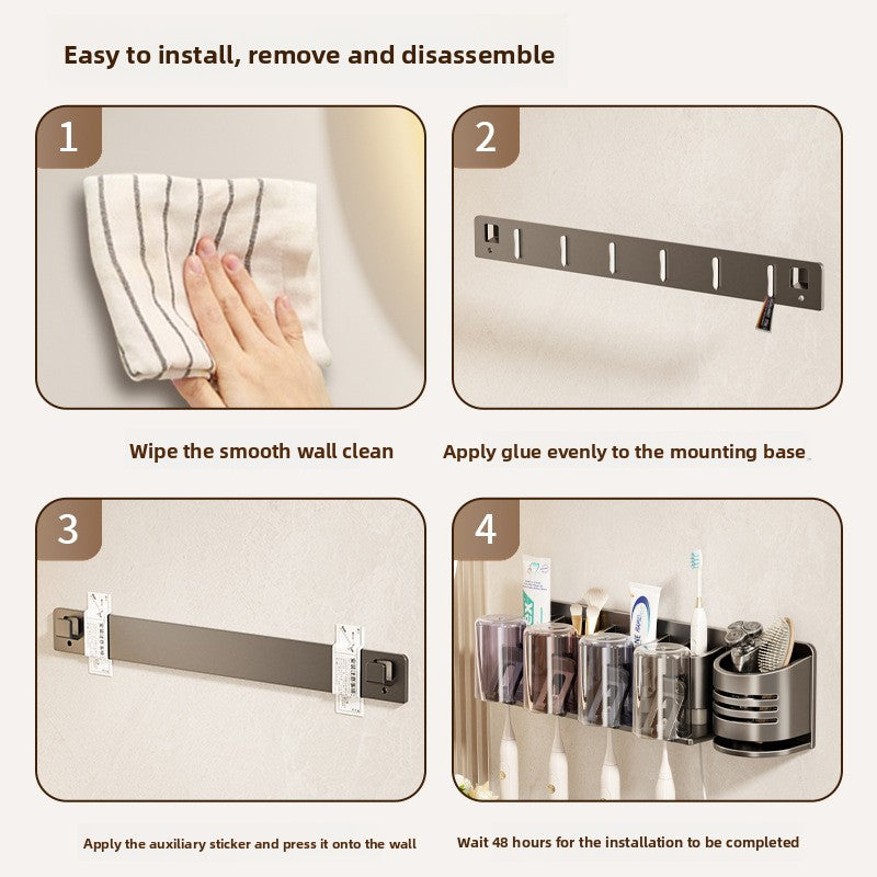 Detachable Toothbrush Holder | No-Drill Carbon Wall-Mounted Washstand with Toothpaste, Brush, and Mouthwash Cup Storage