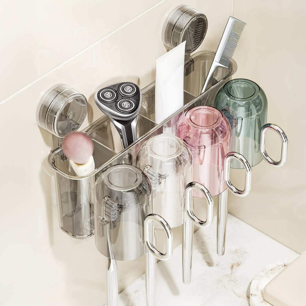 Wall-Mounted Toothpaste Dispenser with Toothbrush Holder & Mouthwash Cup - Space-Saving Bathroom Organizer, Durable Plastic Construction, Adhesive\u002FScrew-Mountable (No Screws Included) for Small Bathrooms, Apartments, Hotels