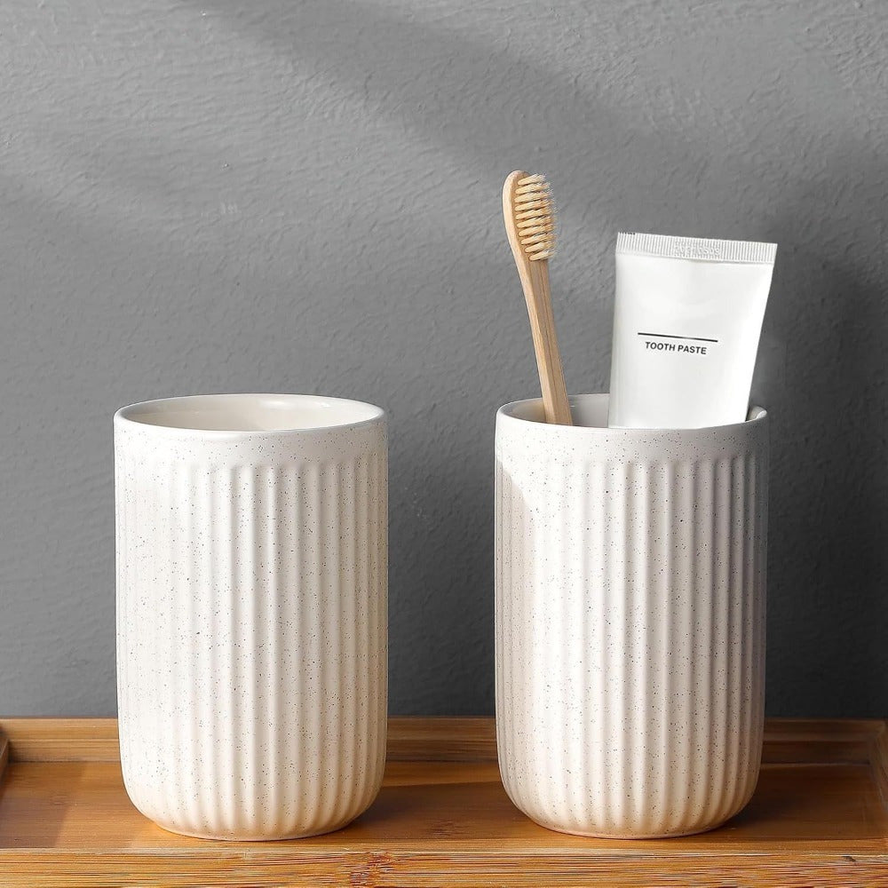 2pcs Ceramic Water Cups Set, Couple Mouthwash Cup Family Premium Toothbrush Holder Household Storage Rack Bathroom Accessorieses, Mouthwash Cups, Toothbrush Cups, Bathroom Drum Cups, Easy to Clean, Reusable, Bathroom Accessory Set