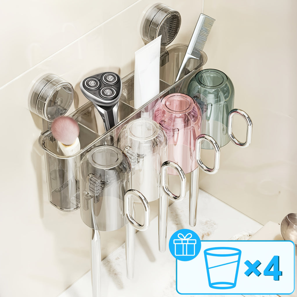 Wall-Mounted Toothpaste Dispenser with Toothbrush Holder & Mouthwash Cup - Space-Saving Bathroom Organizer, Durable Plastic Construction, Adhesive\u002FScrew-Mountable (No Screws Included) for Small Bathrooms, Apartments, Hotels