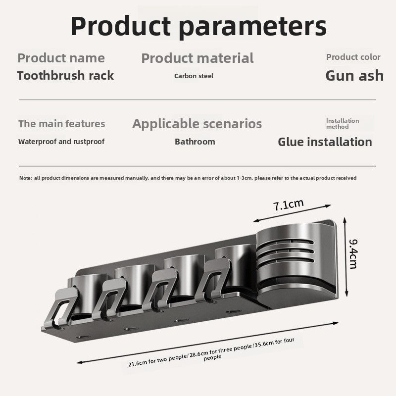 Detachable Toothbrush Holder | No-Drill Carbon Wall-Mounted Washstand with Toothpaste, Brush, and Mouthwash Cup Storage
