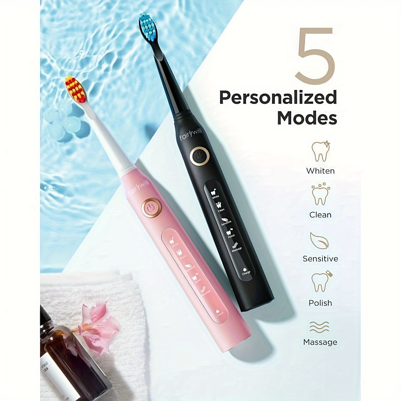 Fairywill Electric Toothbrush For Adults, USB Rechargeable With Brush Heads, 5 Cleaning Modes, Smart Timer, 3-Hour Fast Charge